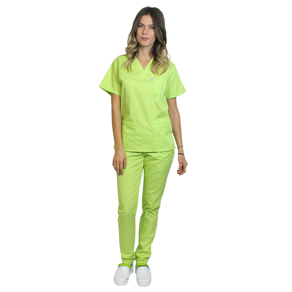 Costum medical lime cu bluza cu anchior in forma V si pantaloni lime cu elastic 2